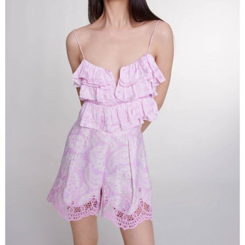 Maje purple satin ruffle smocked crop top